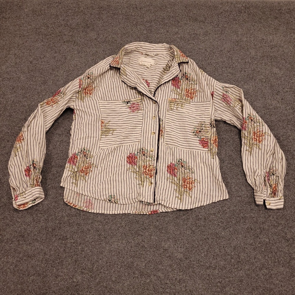 Anthropologie Floral Stripe Button Front Shirt Womens XS Cottagecore Boho